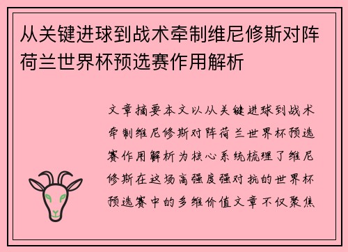 从关键进球到战术牵制维尼修斯对阵荷兰世界杯预选赛作用解析 从关键进球到战术牵制维尼修斯对阵荷兰世界杯预选赛作用解析